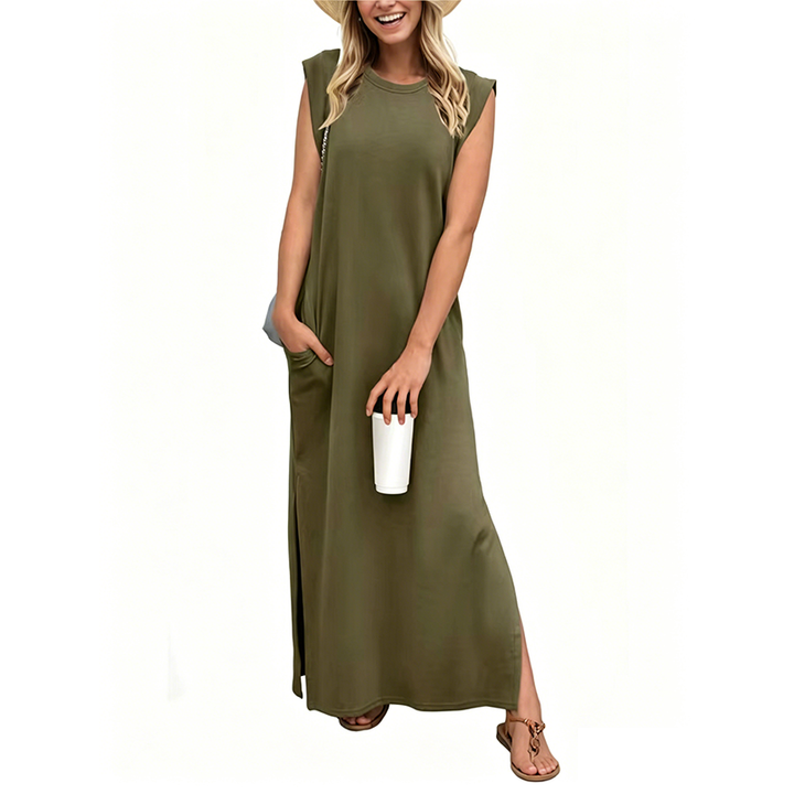 Solastara | Casual Crew  Neck Sleeveless Maxi Dress