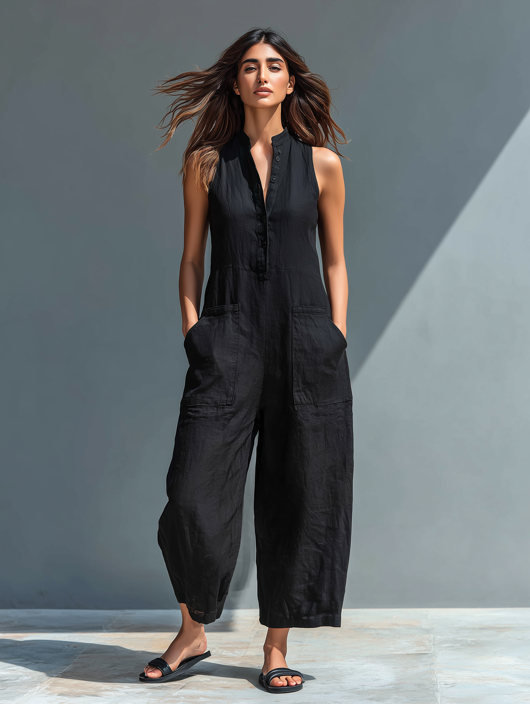 Maya | Sleeveless Jumpsuit for Women with High Collar and Buttons