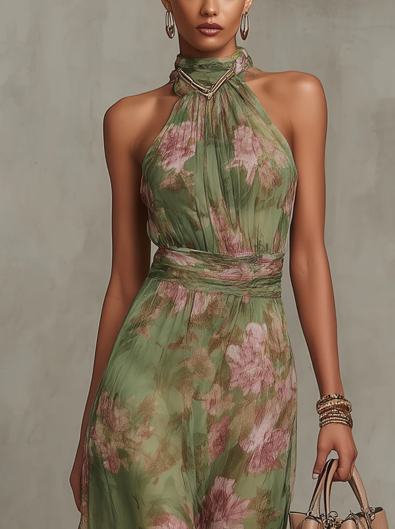 Serena | Green Floral Chiffon Maxi Dress with Halter Neckline
