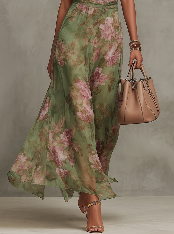 Serena | Green Floral Chiffon Maxi Dress with Halter Neckline
