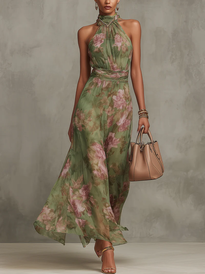Serena | Green Floral Chiffon Maxi Dress with Halter Neckline