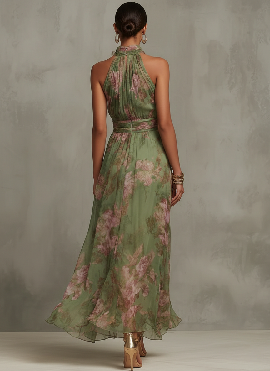 Serena | Green Floral Chiffon Maxi Dress with Halter Neckline