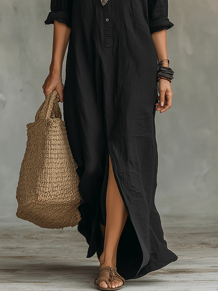 Alessia | Soft Black Buttoned Maxi Dress
