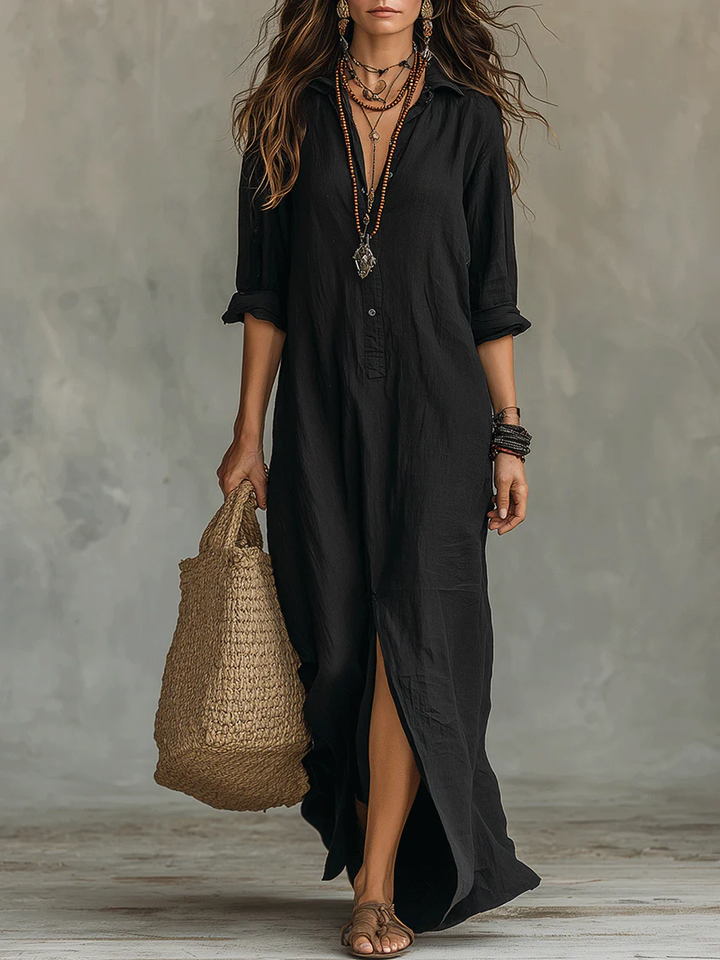 Alessia | Soft Black Buttoned Maxi Dress