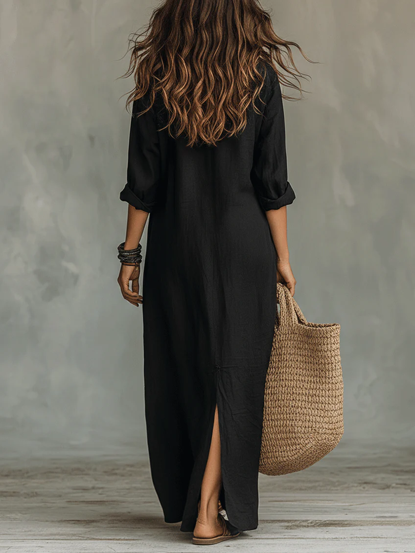 Alessia | Soft Black Buttoned Maxi Dress