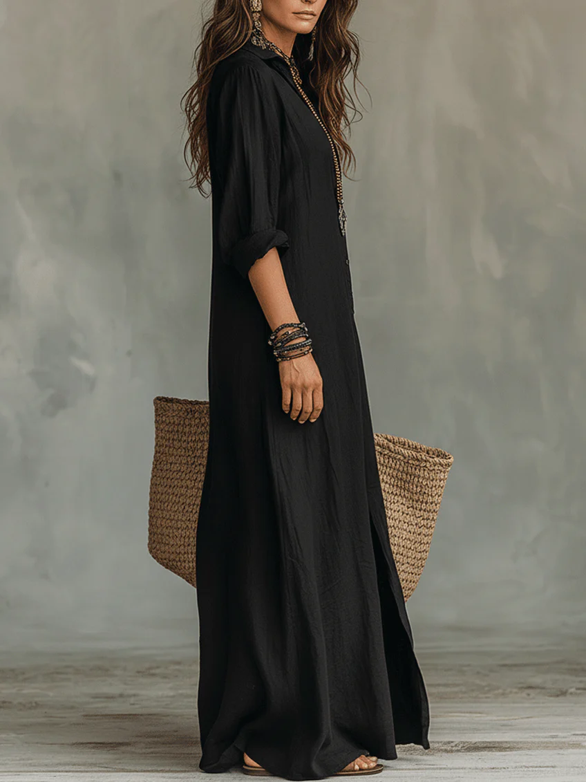 Alessia | Soft Black Buttoned Maxi Dress