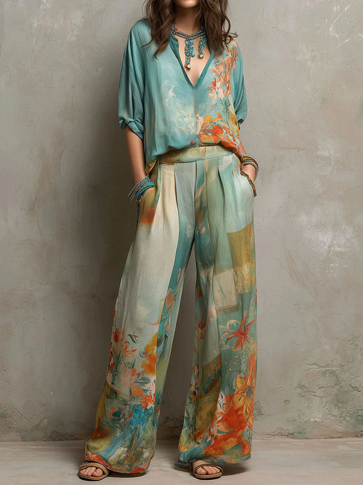 Chiara | Elegant Floral Print Set with Wide-Leg Trousers