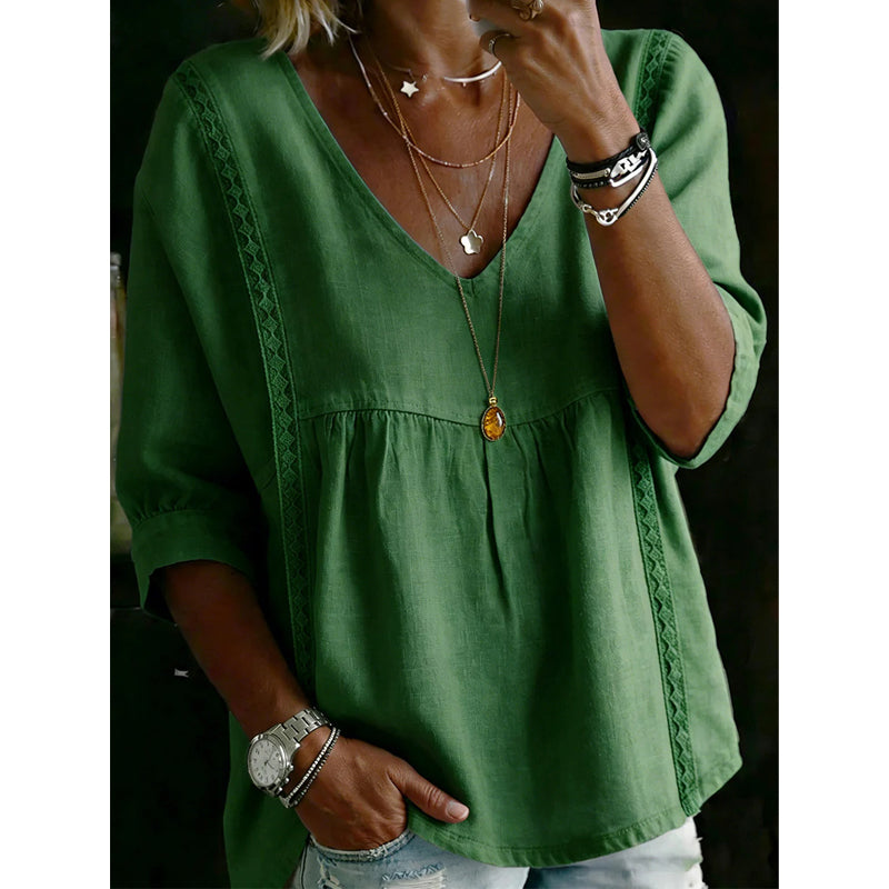 Esaske | Casual V-Neck Lace Trim Top