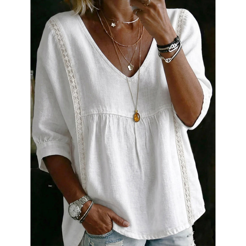 Esaske | Casual V-Neck Lace Trim Top