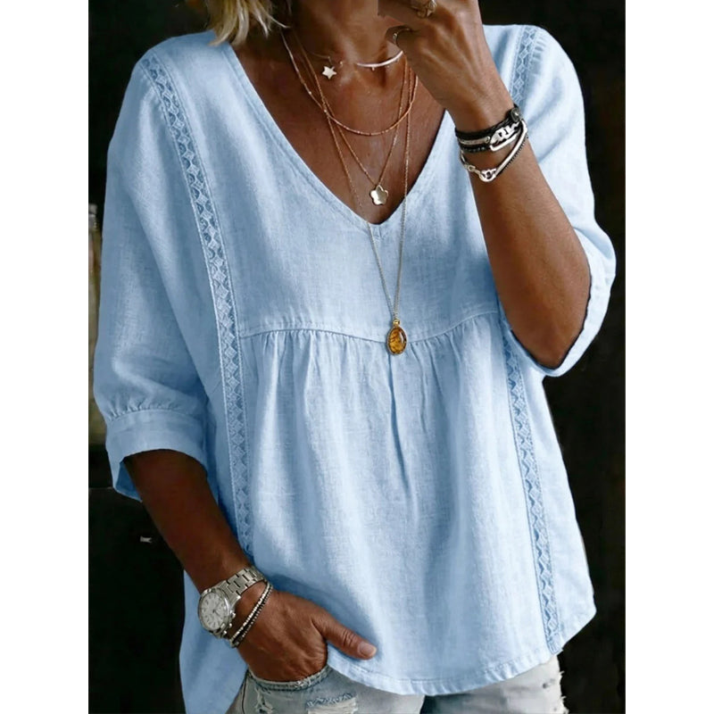 Esaske | Casual V-Neck Lace Trim Top