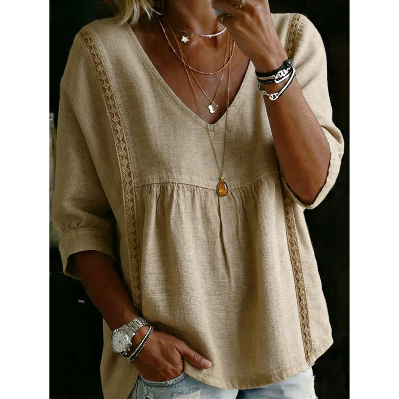 Esaske | Casual V-Neck Lace Trim Top