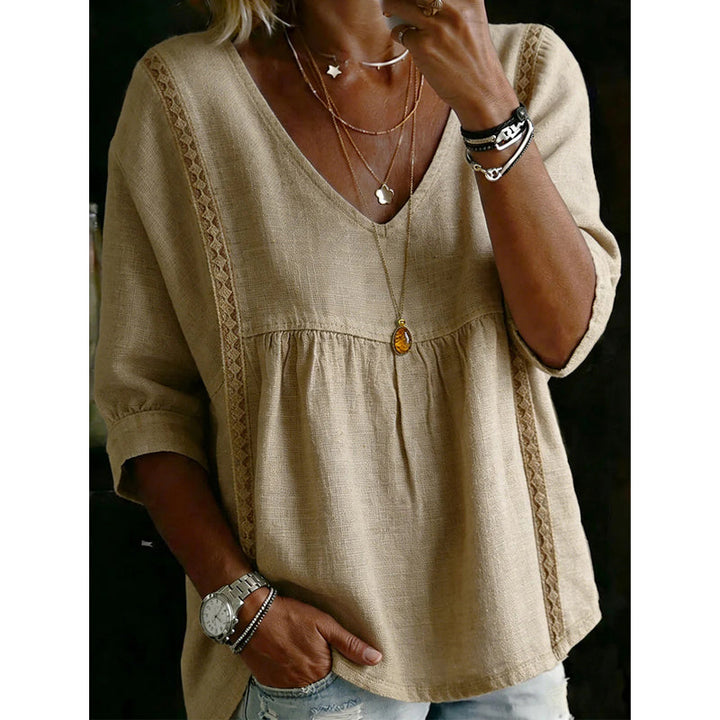 Esaske | Casual V-Neck Lace Trim Top
